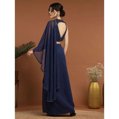 RIRASA Mohnish Georgette and Net Navy Blue Pre-Drape Saree with Stitched Blouse