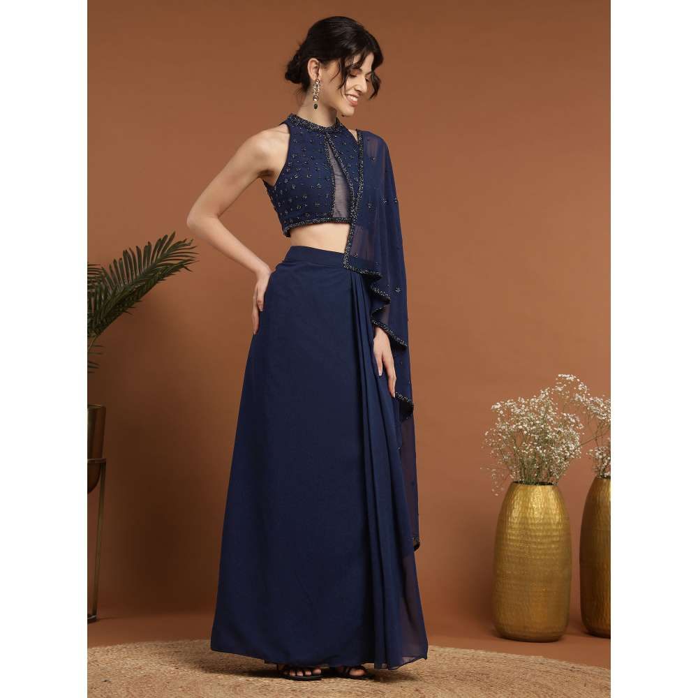 RIRASA Mohnish Georgette and Net Navy Blue Pre-Drape Saree with Stitched Blouse