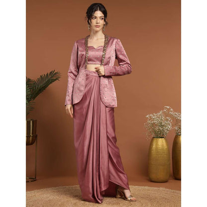 RIRASA Murali Satin Pastel Pink Bustier with Drape Skirt and Jacket (Set of 3)