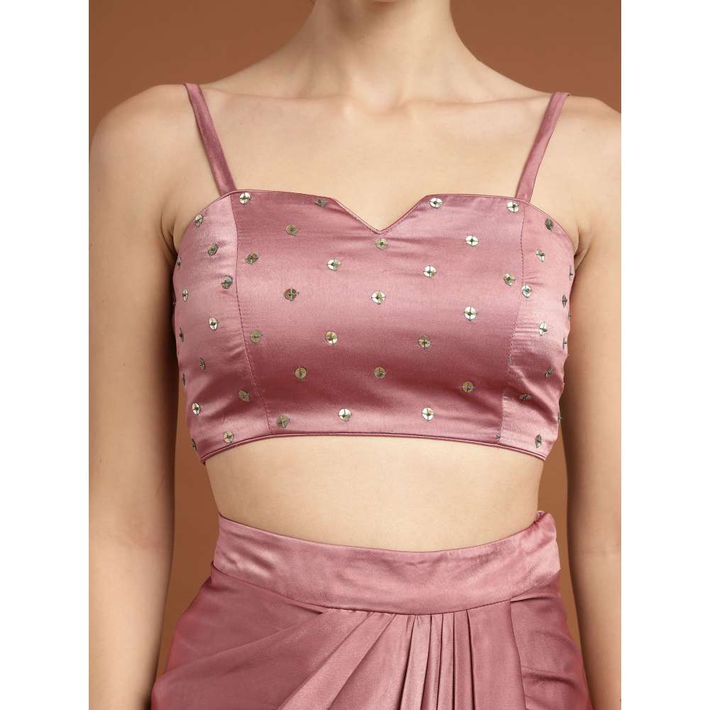 RIRASA Murali Satin Pastel Pink Bustier with Drape Skirt and Jacket (Set of 3)