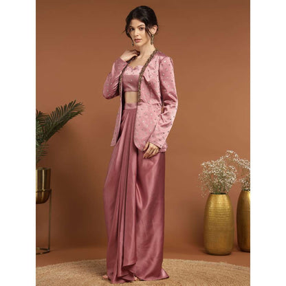 RIRASA Murali Satin Pastel Pink Bustier with Drape Skirt and Jacket (Set of 3)