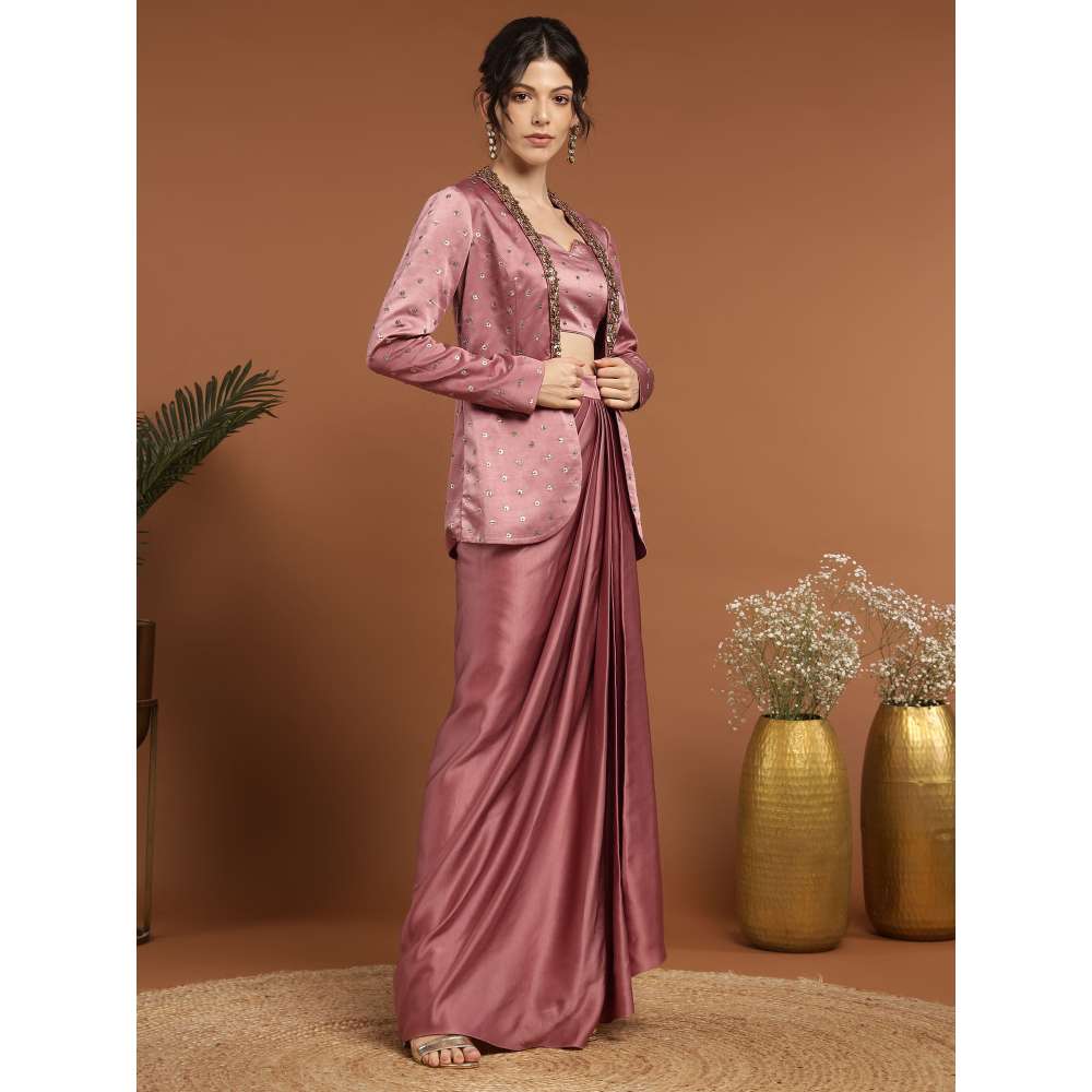 RIRASA Murali Satin Pastel Pink Bustier with Drape Skirt and Jacket (Set of 3)
