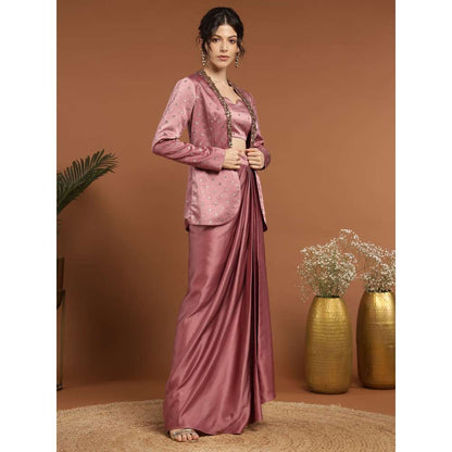 RIRASA Murali Satin Pastel Pink Bustier with Drape Skirt and Jacket (Set of 3)