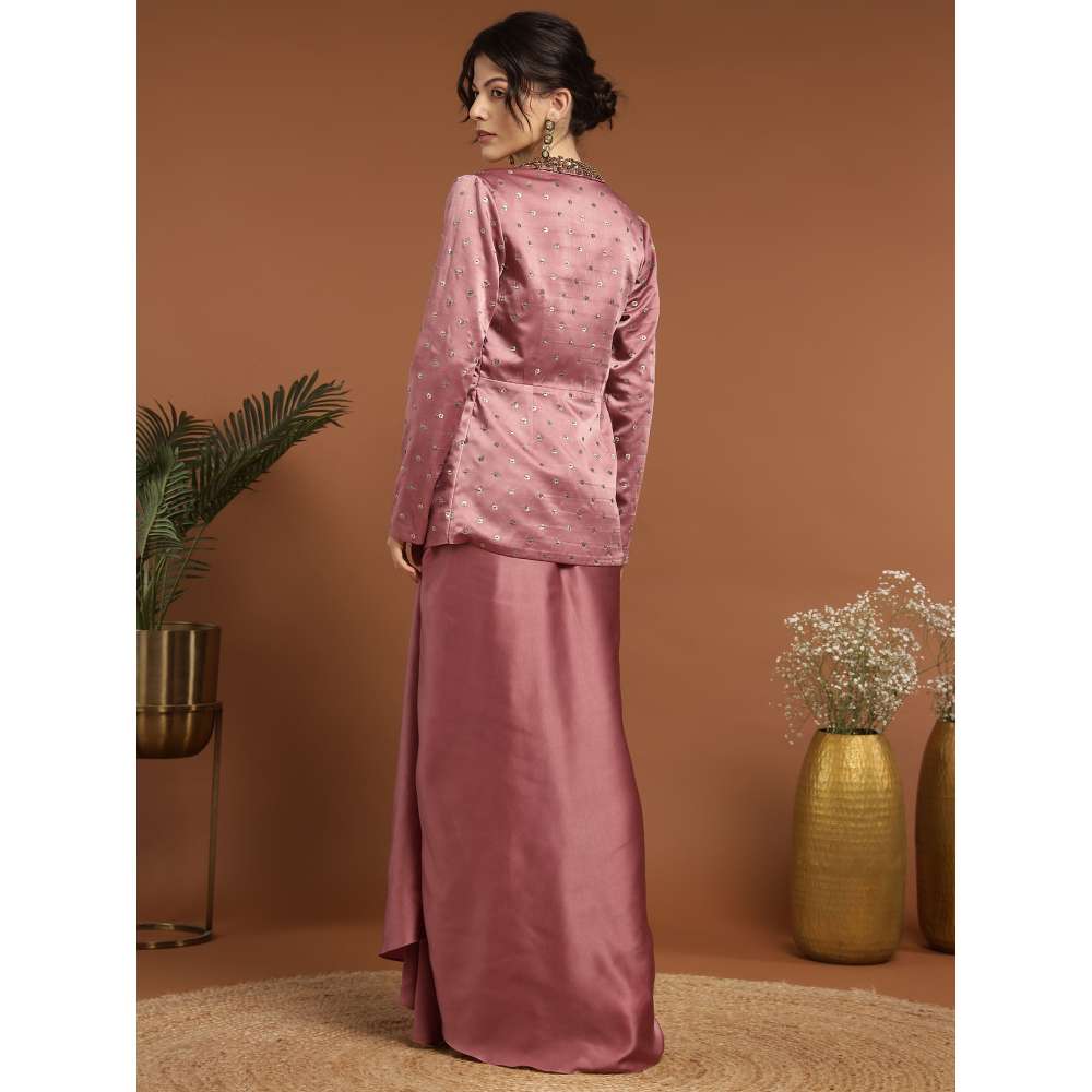 RIRASA Murali Satin Pastel Pink Bustier with Drape Skirt and Jacket (Set of 3)