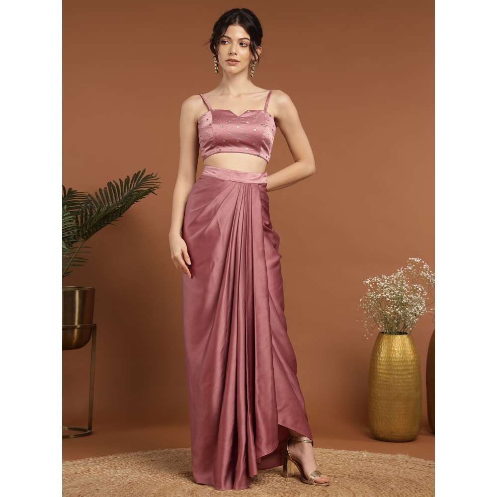 RIRASA Murali Satin Pastel Pink Bustier with Drape Skirt and Jacket (Set of 3)