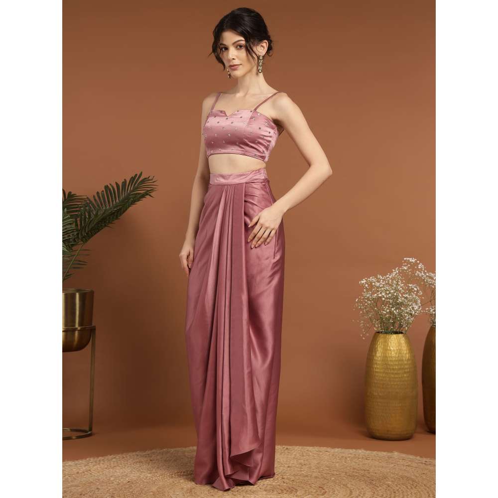 RIRASA Murali Satin Pastel Pink Bustier with Drape Skirt and Jacket (Set of 3)