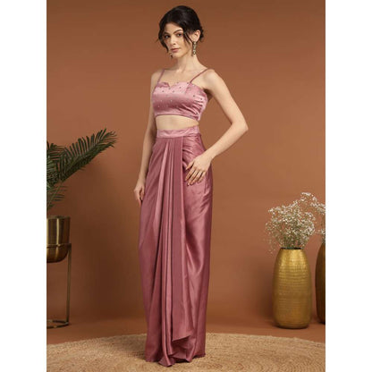 RIRASA Murali Satin Pastel Pink Bustier with Drape Skirt and Jacket (Set of 3)