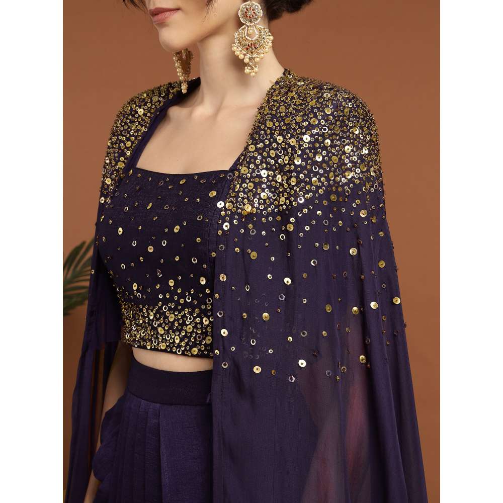 RIRASA Aniruddha Organza Purple Bustier with Drape Skirt and Cape (Set of 3)