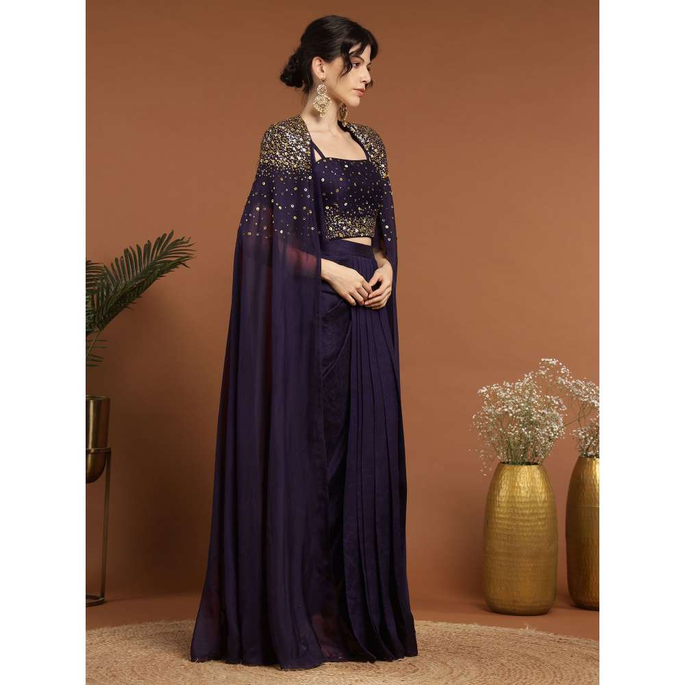 RIRASA Aniruddha Organza Purple Bustier with Drape Skirt and Cape (Set of 3)