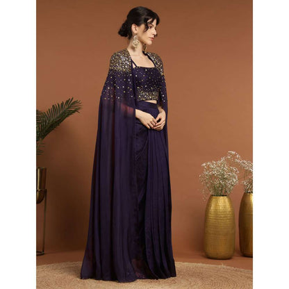 RIRASA Aniruddha Organza Purple Bustier with Drape Skirt and Cape (Set of 3)