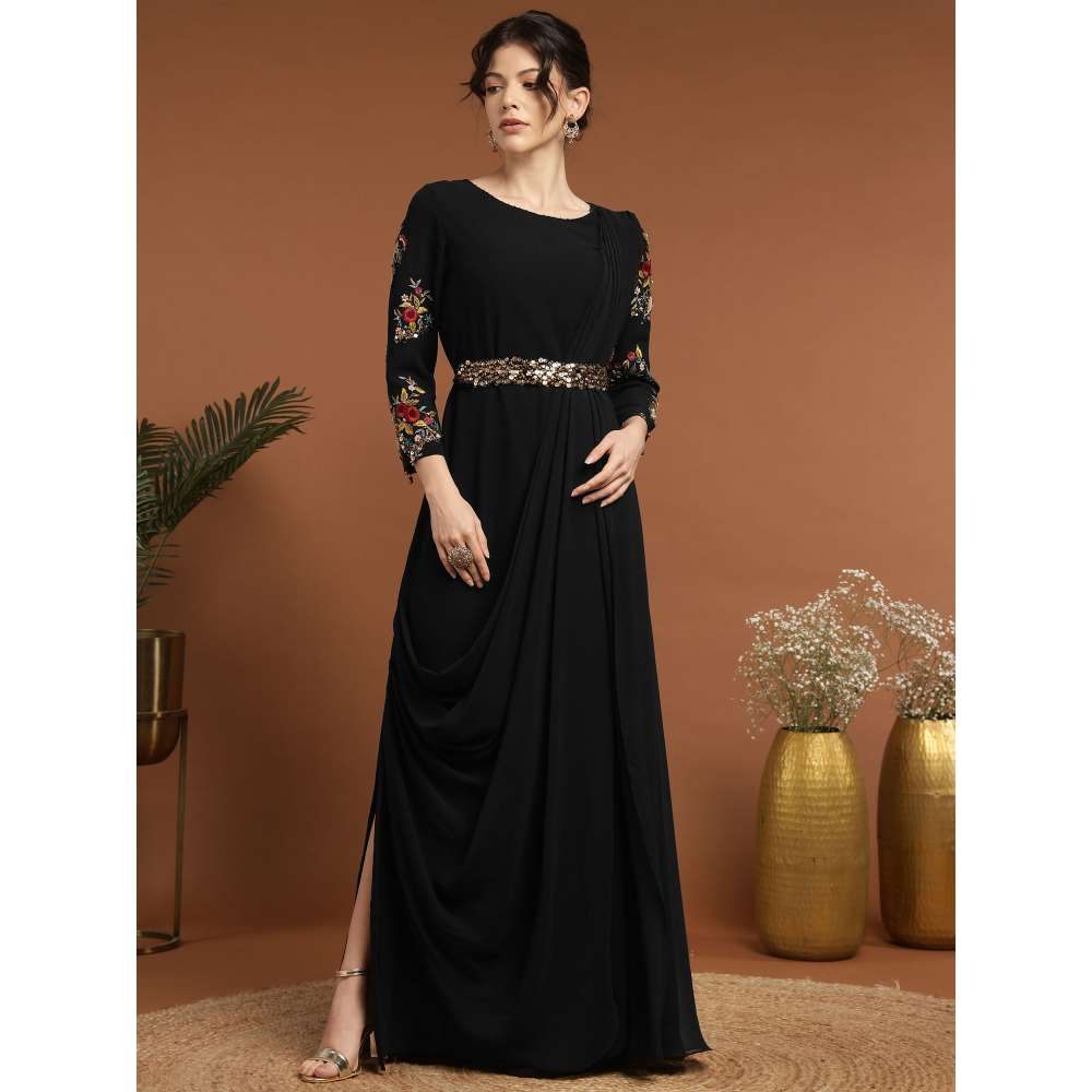 RIRASA Dayanidhi Georgette Black Dress with Belt (Set of 2)