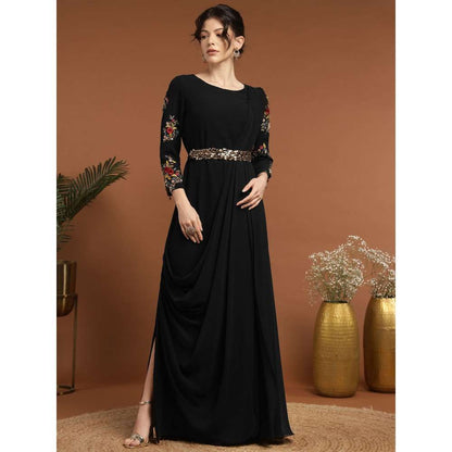RIRASA Dayanidhi Georgette Black Dress with Belt (Set of 2)