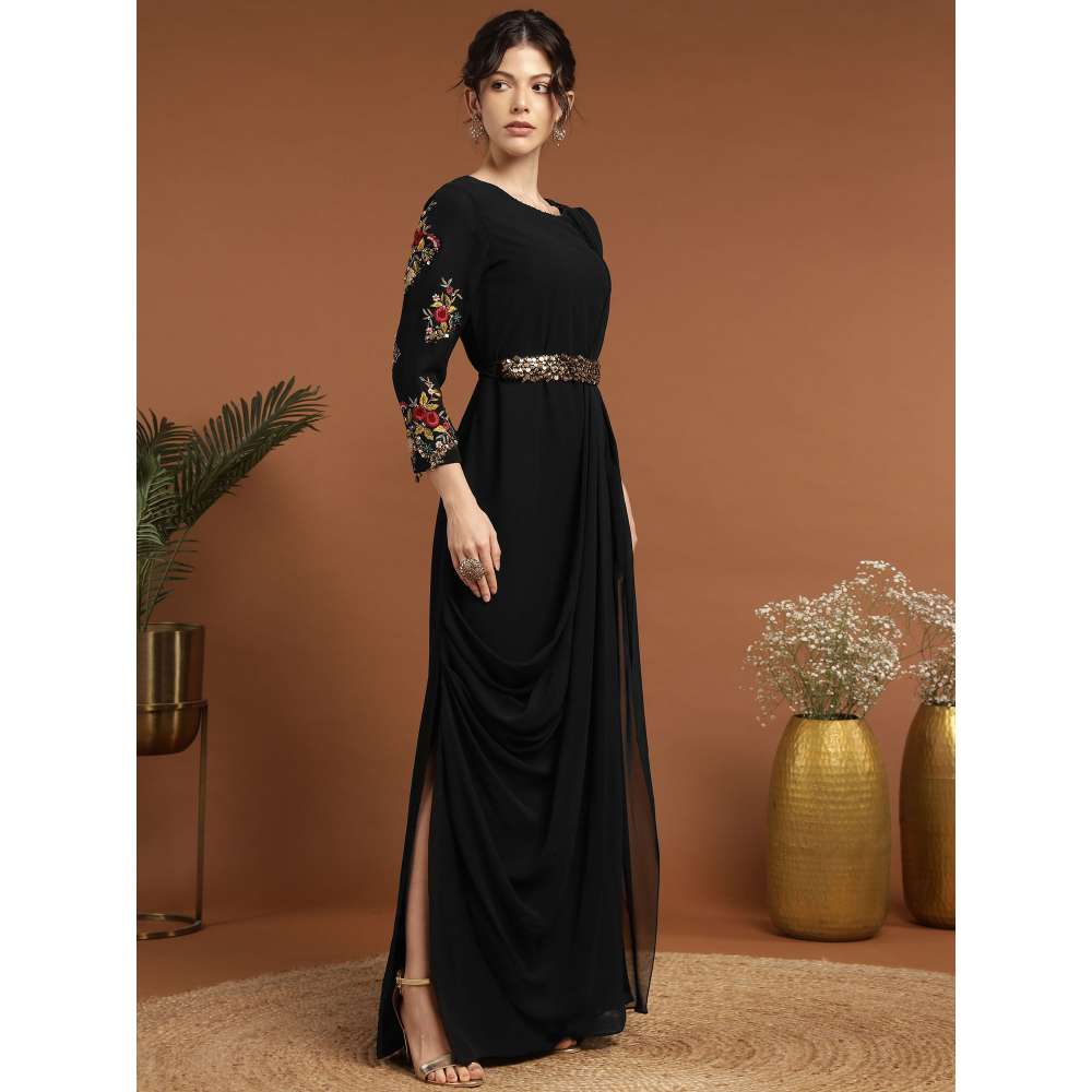 RIRASA Dayanidhi Georgette Black Dress with Belt (Set of 2)