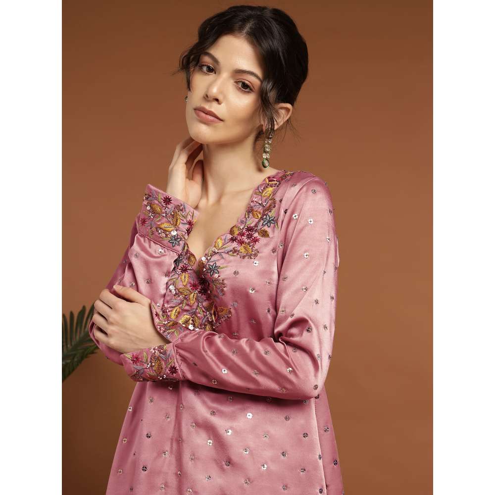 RIRASA Ananta Satin Pastel Pink Kurta with Drape Skirt (Set of 2)
