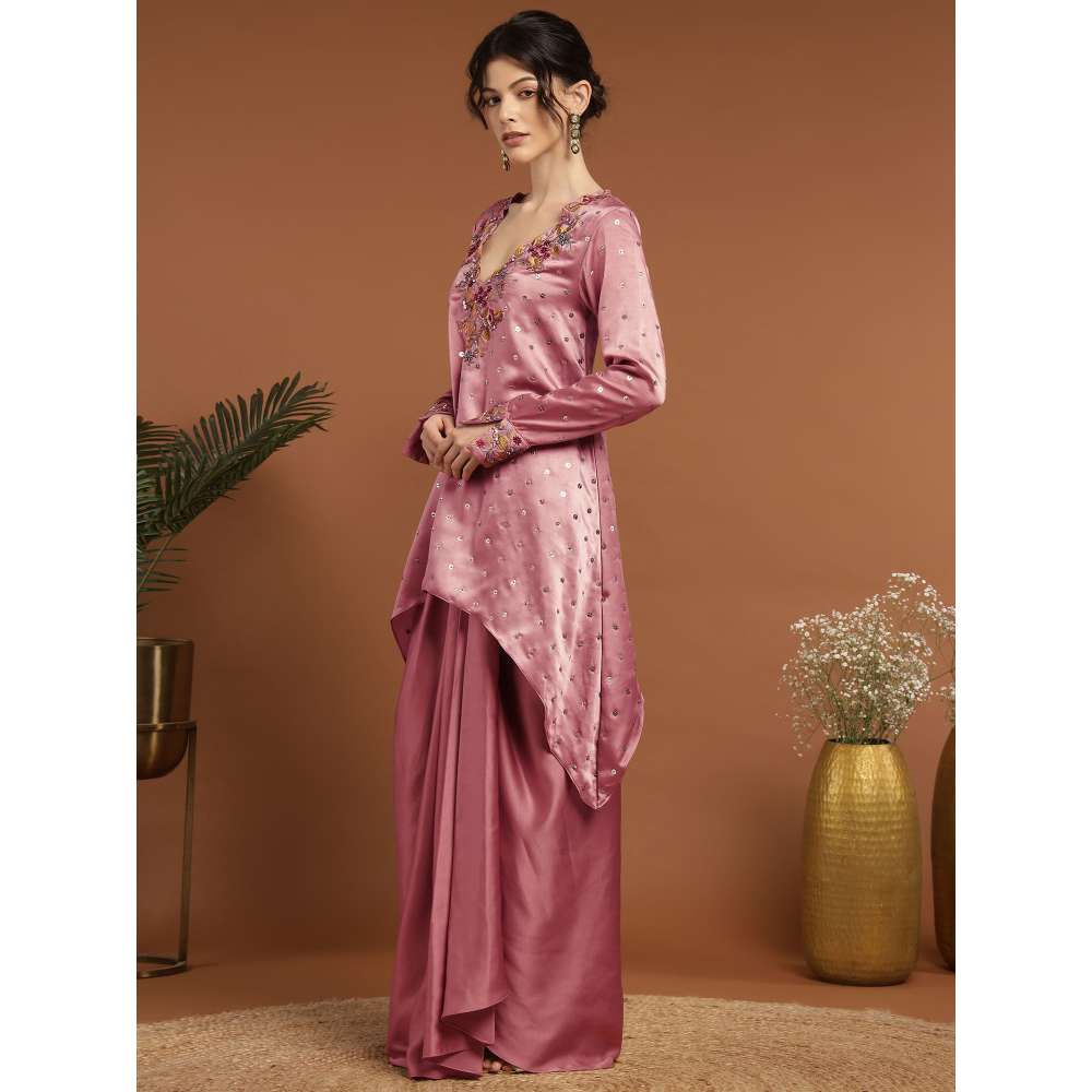 RIRASA Ananta Satin Pastel Pink Kurta with Drape Skirt (Set of 2)