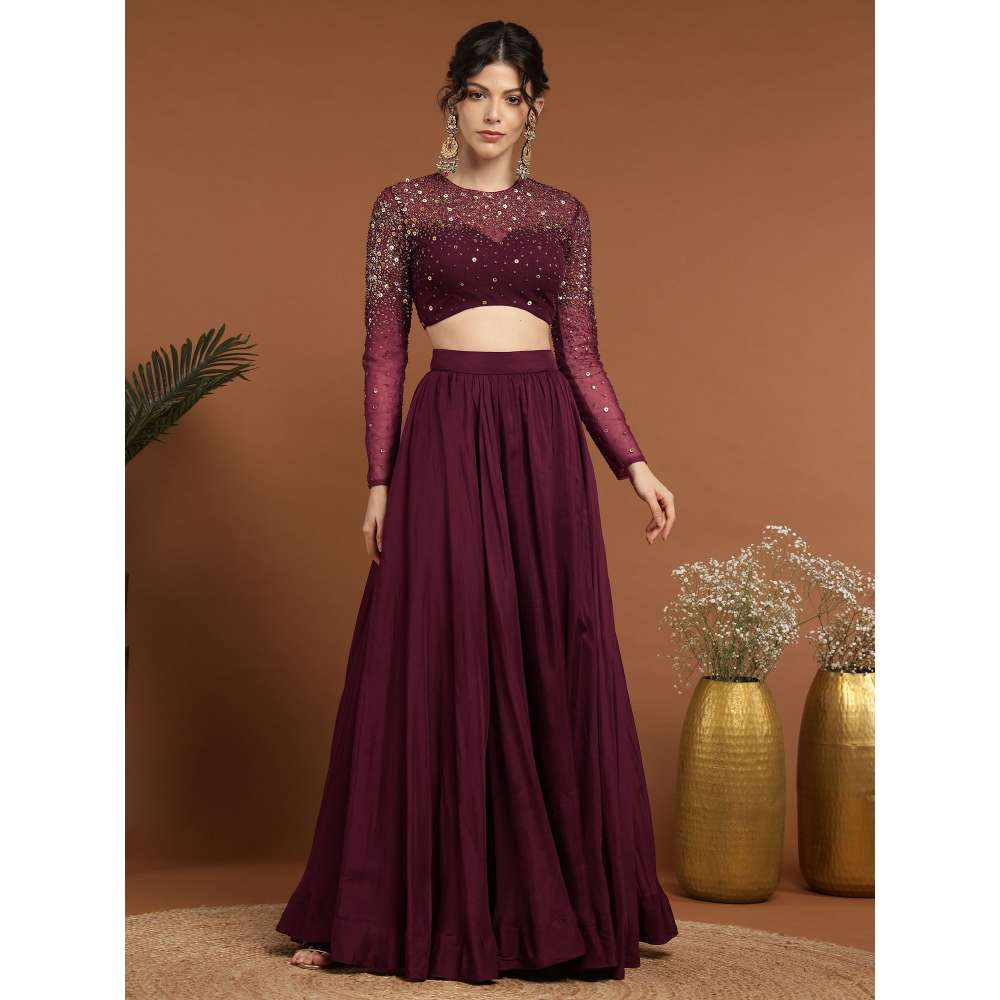 RIRASA Padmahasta Organza and Net Wine Lehenga with Blouse (Set of 2)
