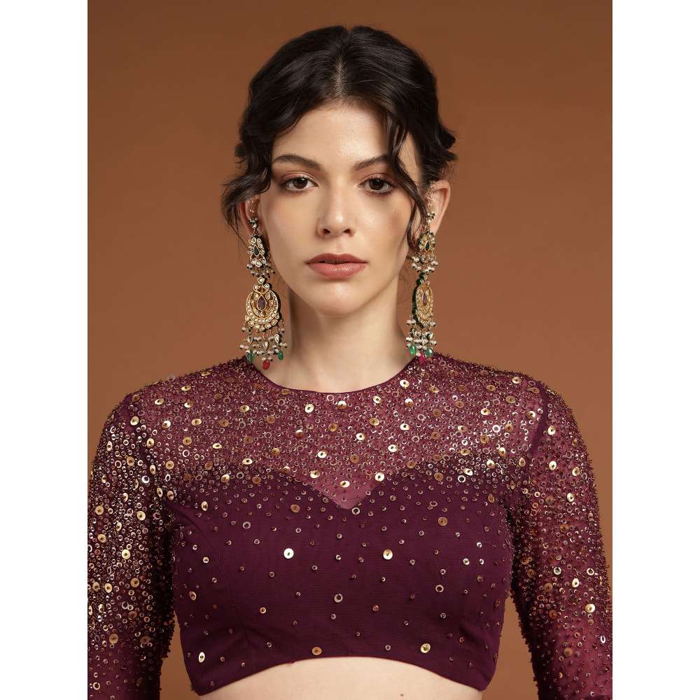 RIRASA Padmahasta Organza and Net Wine Lehenga with Blouse (Set of 2)