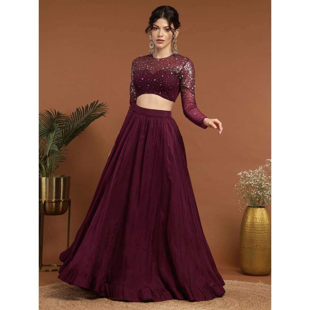 RIRASA Padmahasta Organza and Net Wine Lehenga with Blouse (Set of 2)