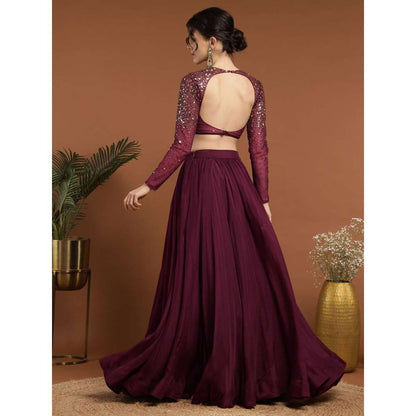 RIRASA Padmahasta Organza and Net Wine Lehenga with Blouse (Set of 2)