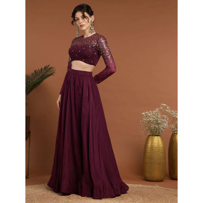 RIRASA Padmahasta Organza and Net Wine Lehenga with Blouse (Set of 2)
