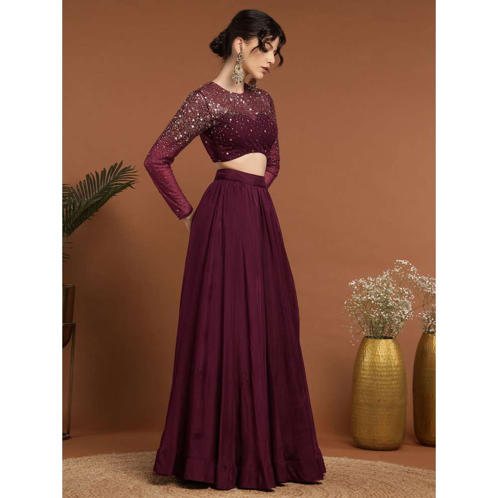 RIRASA Padmahasta Organza and Net Wine Lehenga with Blouse (Set of 2)