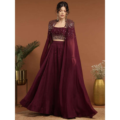 RIRASA Shyam Organza and Net Wine Lehenga with Bustier and Cape (Set of 3)