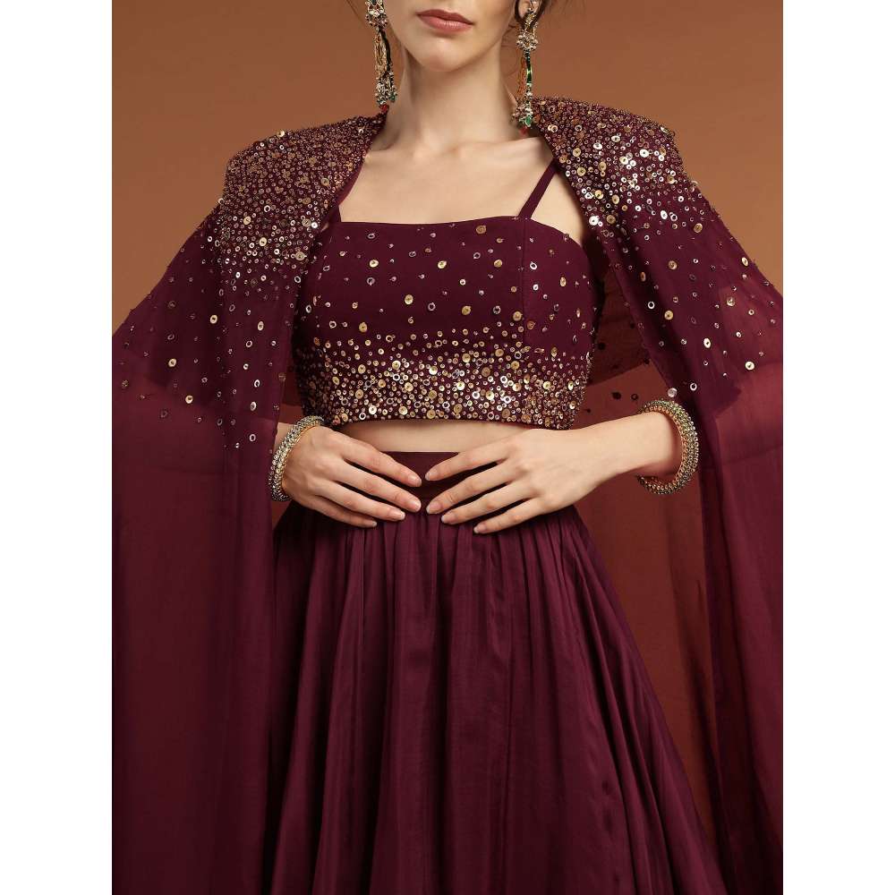 RIRASA Shyam Organza and Net Wine Lehenga with Bustier and Cape (Set of 3)