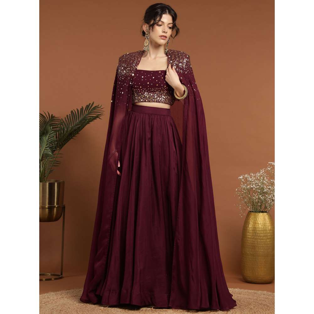 RIRASA Shyam Organza and Net Wine Lehenga with Bustier and Cape (Set of 3)