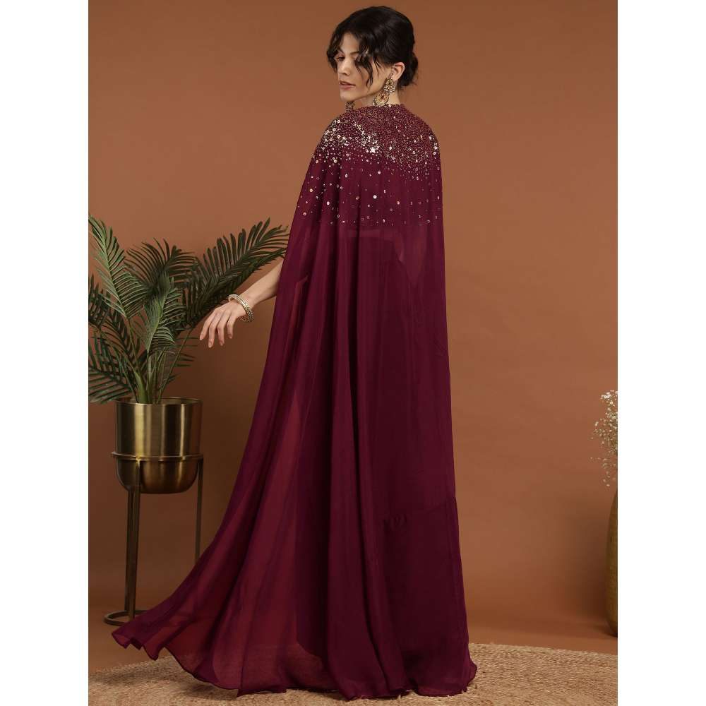 RIRASA Shyam Organza and Net Wine Lehenga with Bustier and Cape (Set of 3)