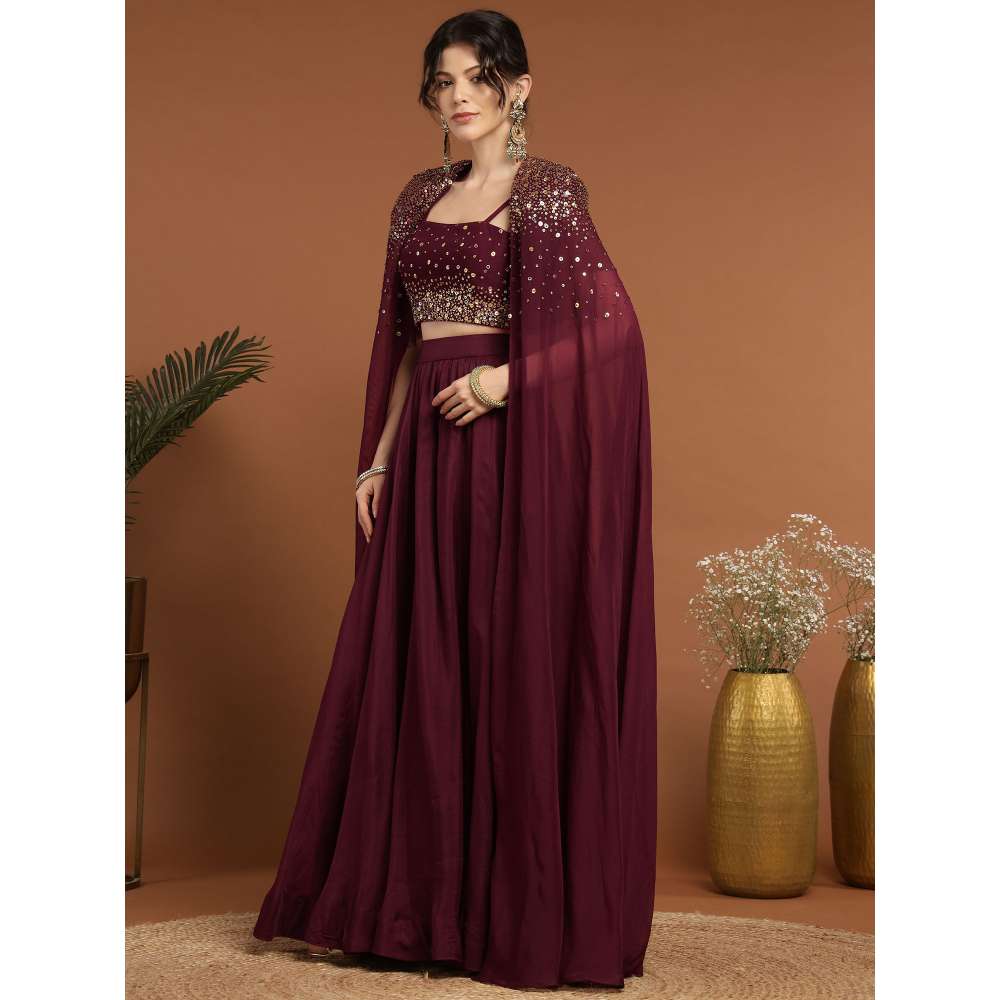 RIRASA Shyam Organza and Net Wine Lehenga with Bustier and Cape (Set of 3)