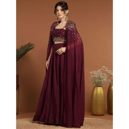 RIRASA Shyam Organza and Net Wine Lehenga with Bustier and Cape (Set of 3)