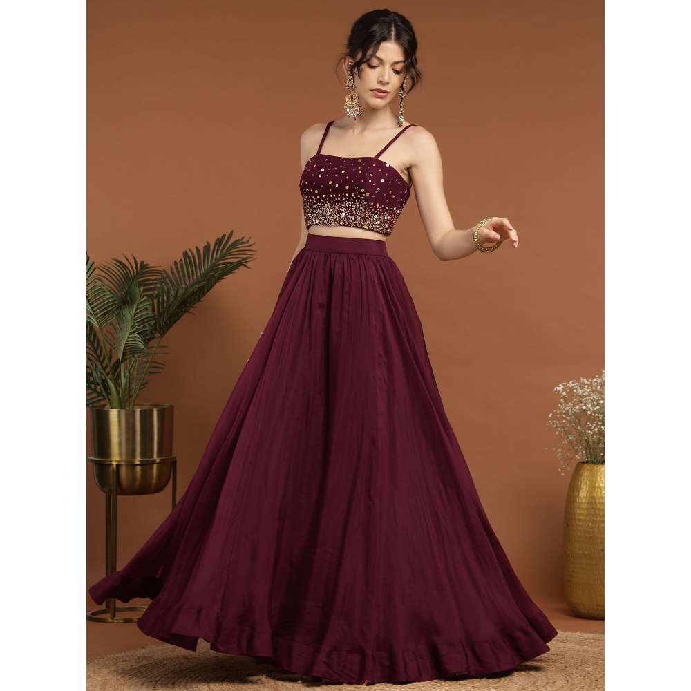 RIRASA Shyam Organza and Net Wine Lehenga with Bustier and Cape (Set of 3)