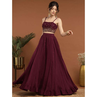 RIRASA Shyam Organza and Net Wine Lehenga with Bustier and Cape (Set of 3)