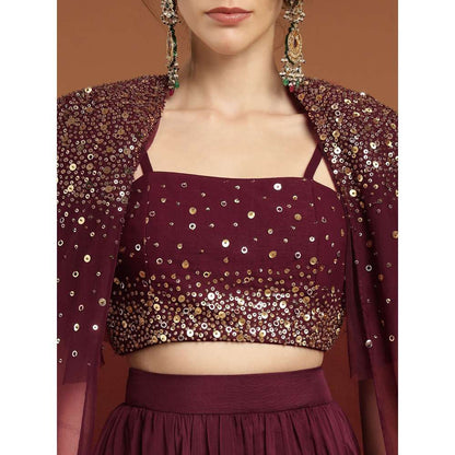 RIRASA Shyam Organza and Net Wine Lehenga with Bustier and Cape (Set of 3)