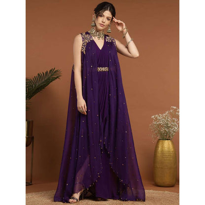 RIRASA Anjana Organza Purple Dress with Belt and Cape (Set of 3)