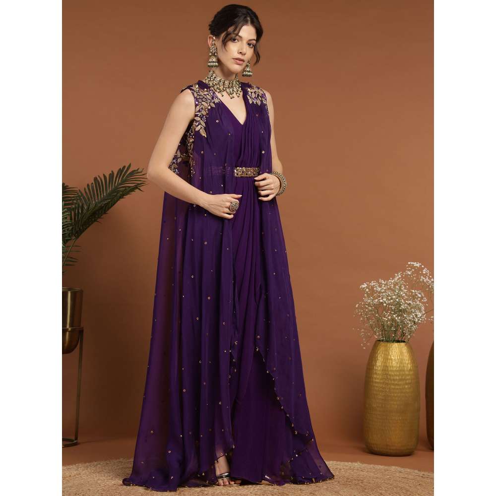 RIRASA Anjana Organza Purple Dress with Belt and Cape (Set of 3)