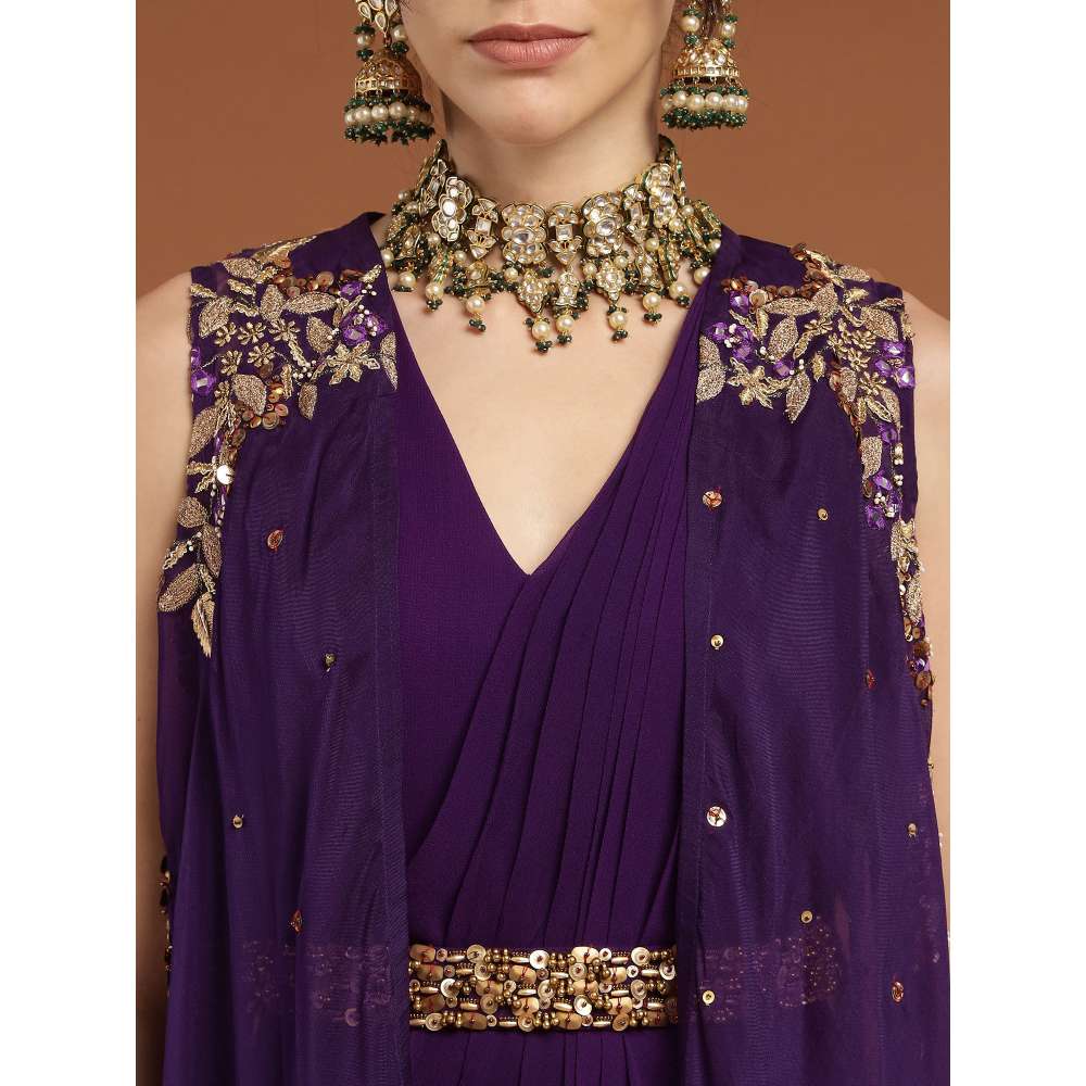 RIRASA Anjana Organza Purple Dress with Belt and Cape (Set of 3)