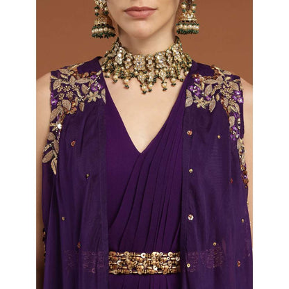 RIRASA Anjana Organza Purple Dress with Belt and Cape (Set of 3)