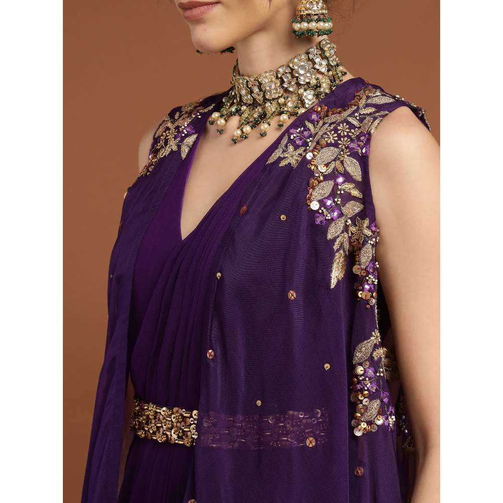 RIRASA Anjana Organza Purple Dress with Belt and Cape (Set of 3)