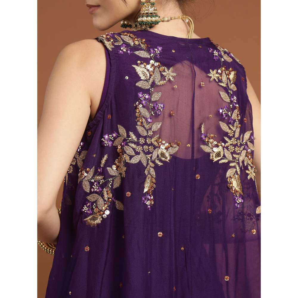 RIRASA Anjana Organza Purple Dress with Belt and Cape (Set of 3)