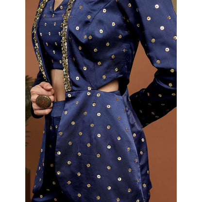 RIRASA Madhava Satin Royal Blue Bustier with Pants and Jacket (Set of 3)