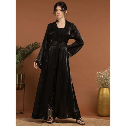 RIRASA Keshava Shimmer Organza Black Ghungaroo Bralette with Pant, Bustier and Cape (Set of 4)