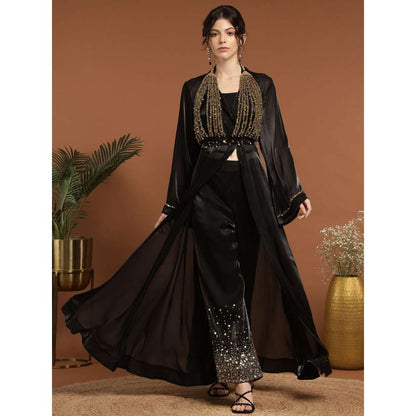 RIRASA Keshava Shimmer Organza Black Ghungaroo Bralette with Pant, Bustier and Cape (Set of 4)