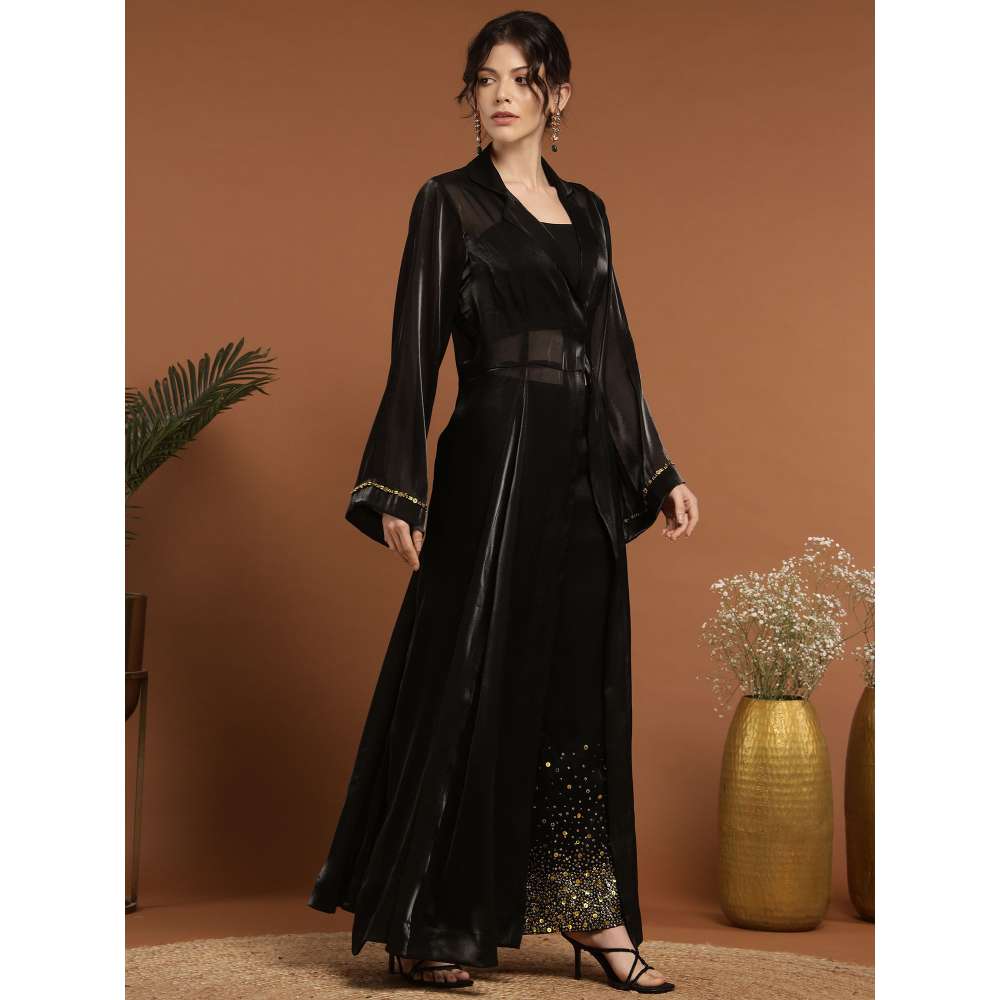 RIRASA Keshava Shimmer Organza Black Ghungaroo Bralette with Pant, Bustier and Cape (Set of 4)
