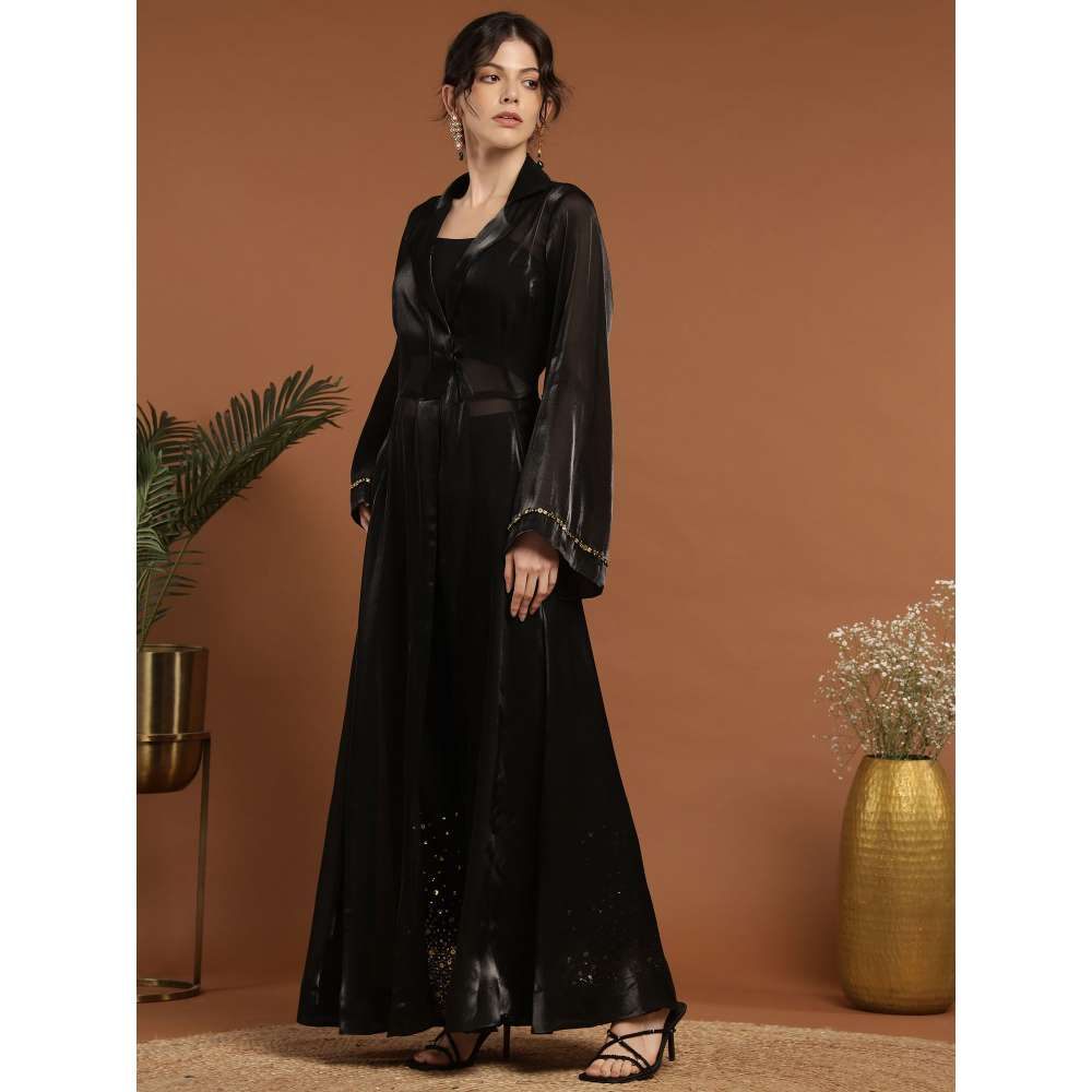 RIRASA Keshava Shimmer Organza Black Ghungaroo Bralette with Pant, Bustier and Cape (Set of 4)