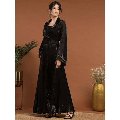 RIRASA Keshava Shimmer Organza Black Ghungaroo Bralette with Pant, Bustier and Cape (Set of 4)