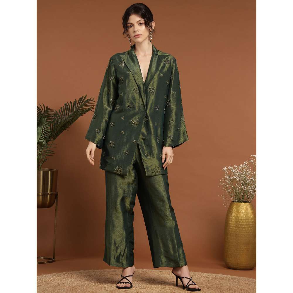 RIRASA Adbhuta Tissue Green Bustier with Pants and Jacket (Set of 3)