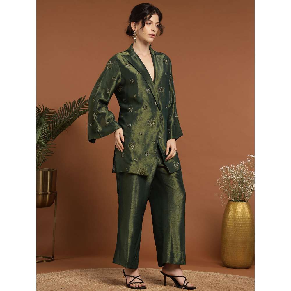 RIRASA Adbhuta Tissue Green Bustier with Pants and Jacket (Set of 3)
