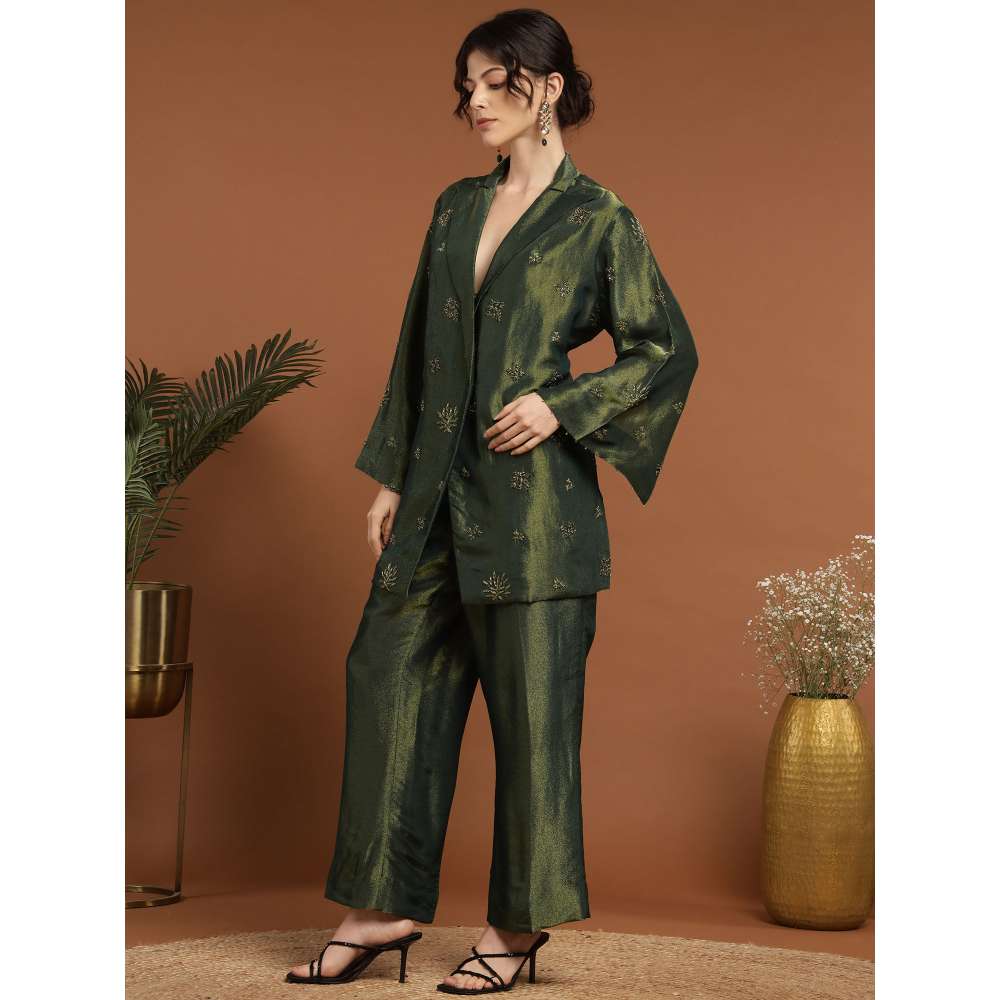 RIRASA Adbhuta Tissue Green Bustier with Pants and Jacket (Set of 3)