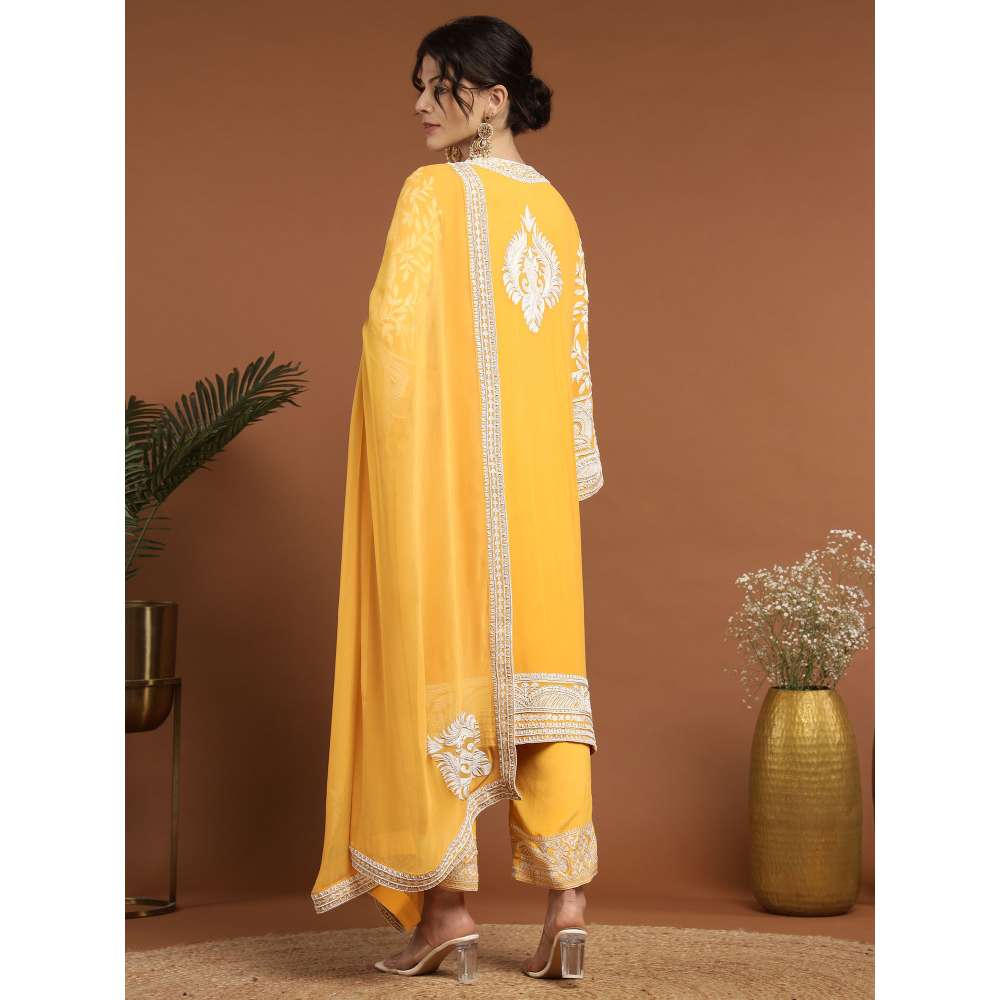 RIRASA Mohish Georgette Yellow Kurta with Pant and Dupatta (Set of 3)